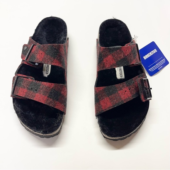 Birkenstock Shoes - Birkenstock Arizona Shearling Slide Sandal Women's Buffalo Plaid Size 38